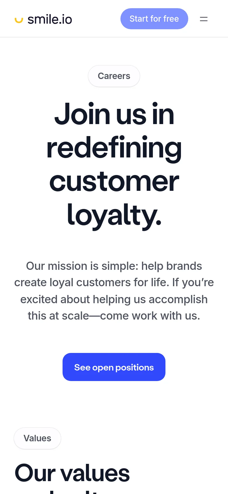 The mobile version presents a vertically stacked layout with a simplified header containing the logo, a 'Start for free' button, and a hamburger menu icon. The hero text and 'See open positions' button are centered and scaled for a smaller screen, followed by the 'Values' section below.