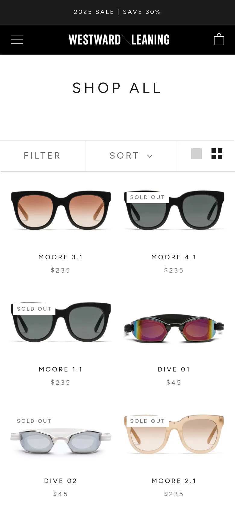 The mobile version simplifies the layout by replacing the sidebar with a single 'FILTER' button and a 'SORT' dropdown menu at the top. The product grid shifts to a two-column layout, displaying larger product images, titles, and prices in a vertical scrollable format.