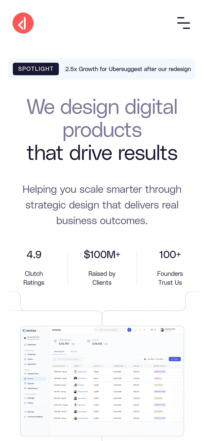 The mobile version presents a vertically stacked layout with a simplified navigation menu represented by a hamburger icon. The large headline and subheadline are centered, followed by the three key statistics arranged in a single column. The software dashboard graphic is positioned below the text, maintaining the clean, white aesthetic of the desktop site.