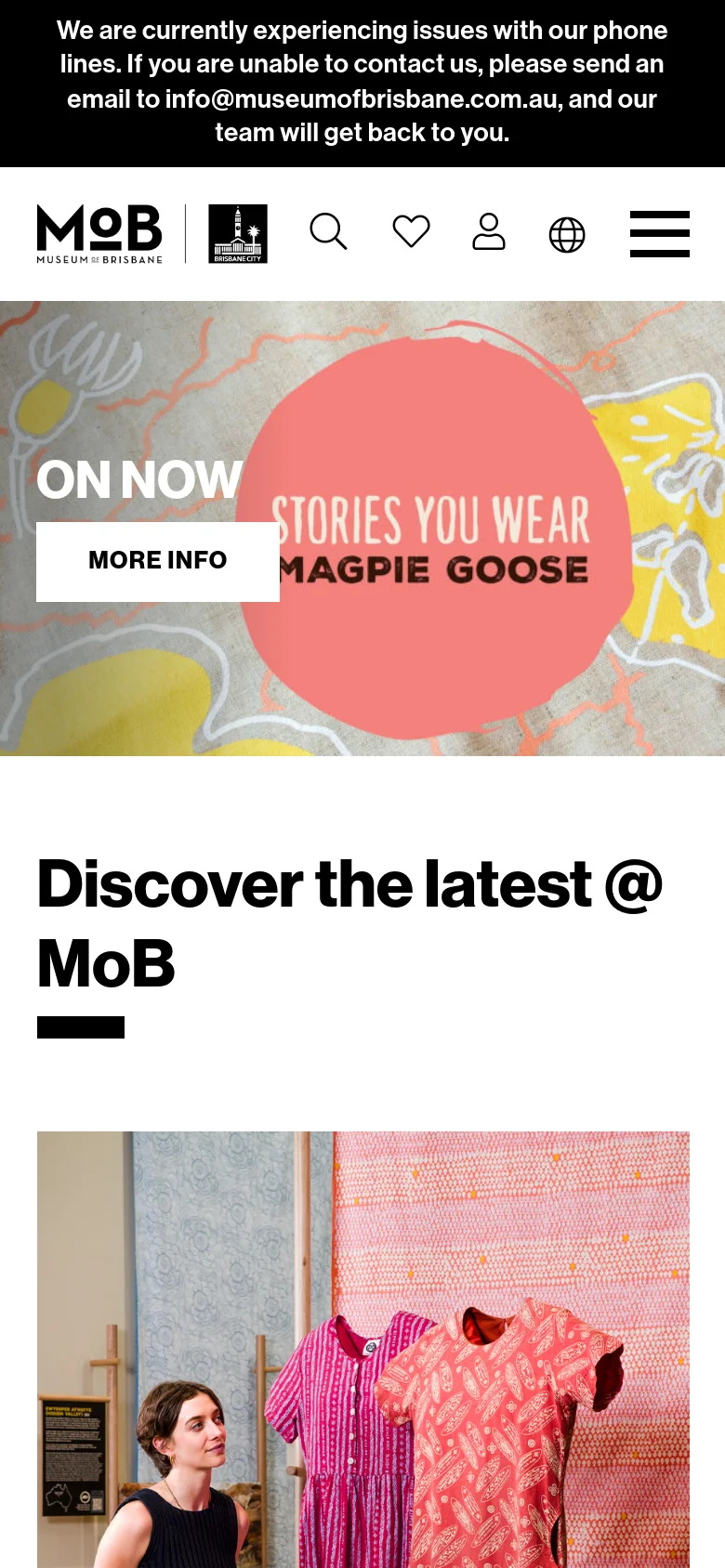 The mobile version shows a condensed header with the MoB logo, utility icons for search and account, and a hamburger menu icon on the right. The hero section remains prominent with the 'ON NOW' textile graphic and 'MORE INFO' button, followed by a large 'Discover the latest @ MoB' headline on a white background.