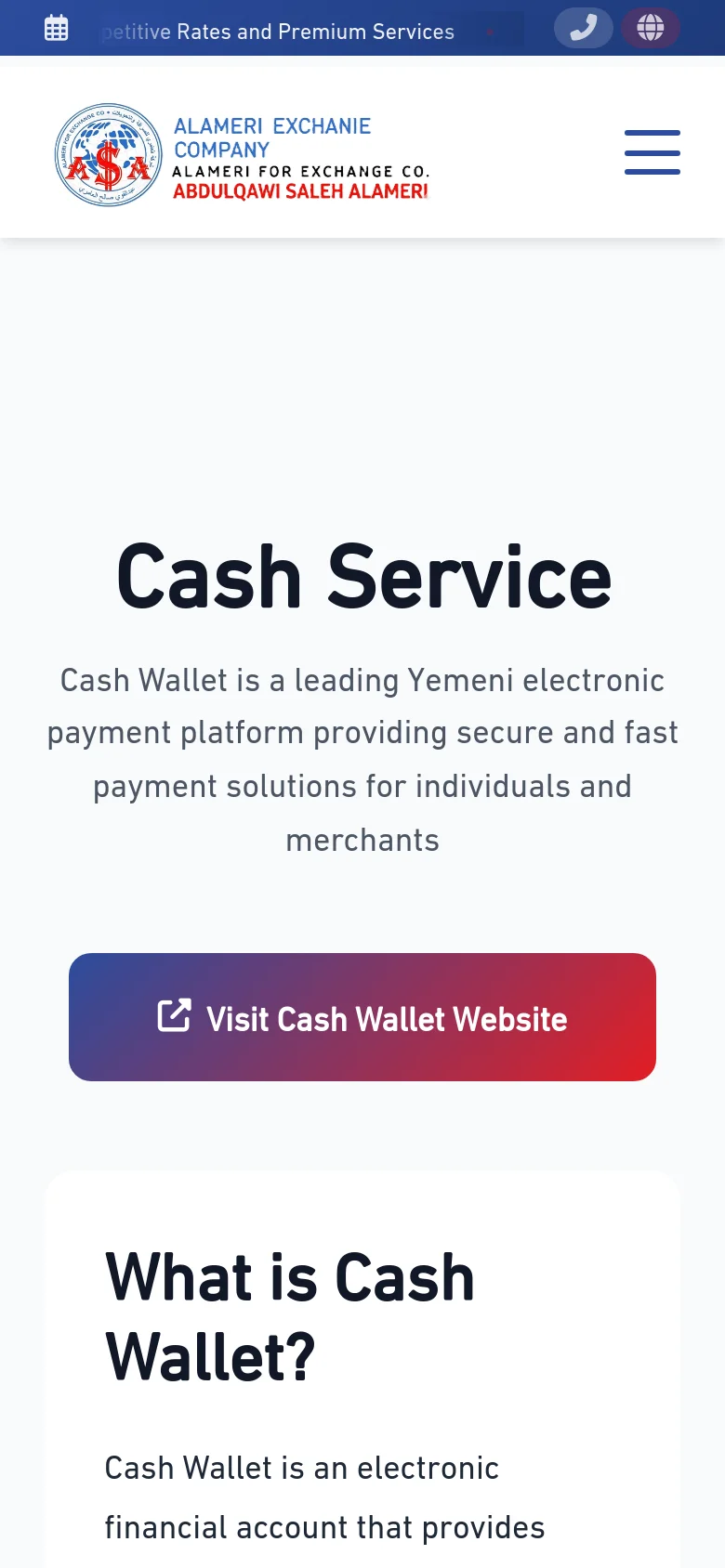 The mobile version simplifies the layout with a condensed header featuring the company logo and a hamburger menu icon. The central content remains focused on the 'Cash Service' headline and the large red 'Visit Cash Wallet Website' button, which spans most of the screen width for easier tapping. The text is stacked vertically to fit the narrow viewport.