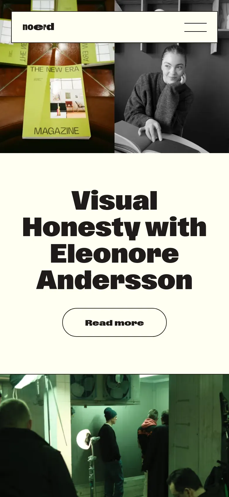 The mobile version features a simplified header with the 'noerd' logo and a hamburger menu icon on the right. The layout shifts to a single-column vertical scroll, where the split-screen hero image is stacked, followed by large, centered bold headlines and prominent 'Read more' buttons on a white background.