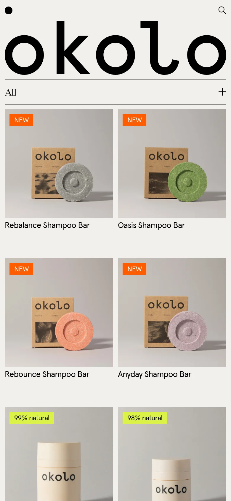 The mobile version simplifies the layout into a single-column vertical scroll of product cards. The navigation is condensed, and the product images and text remain prominent, maintaining the minimalist aesthetic and light beige color scheme of the desktop site.