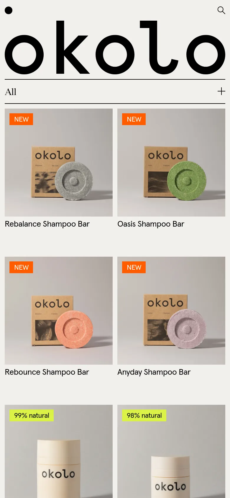 The mobile version simplifies the layout into a single-column vertical scroll of product cards. The navigation is condensed, and the product images and text remain prominent, maintaining the minimalist aesthetic and light beige color scheme of the desktop site.