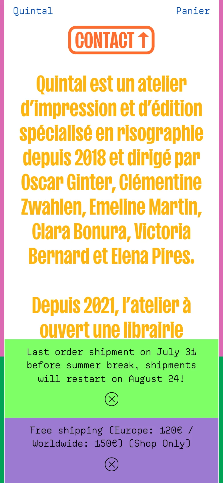 The mobile version uses a single-column vertical layout with large, centered orange and yellow text on a white background. The header is simplified with the logo and 'Panier' link at the top, and the two colorful images are stacked vertically. Bright green and purple notification banners occupy the bottom of the screen.