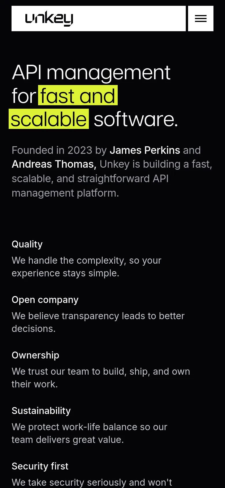 The mobile version presents a single-column layout on a dark background. The large hero headline and company values are stacked vertically for readability, and the navigation menu is condensed into a hamburger icon at the top right.