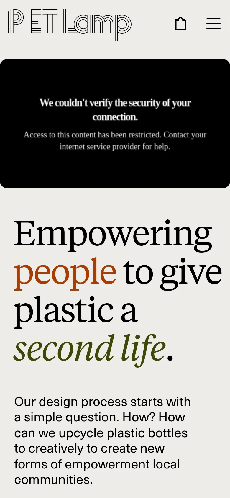 The mobile version presents a simplified layout with the PET Lamp logo on the left, a shopping bag icon, and a hamburger menu icon on the right. The large black video placeholder remains prominent, followed by the same large serif headline and mission statement text stacked vertically for a narrow screen.