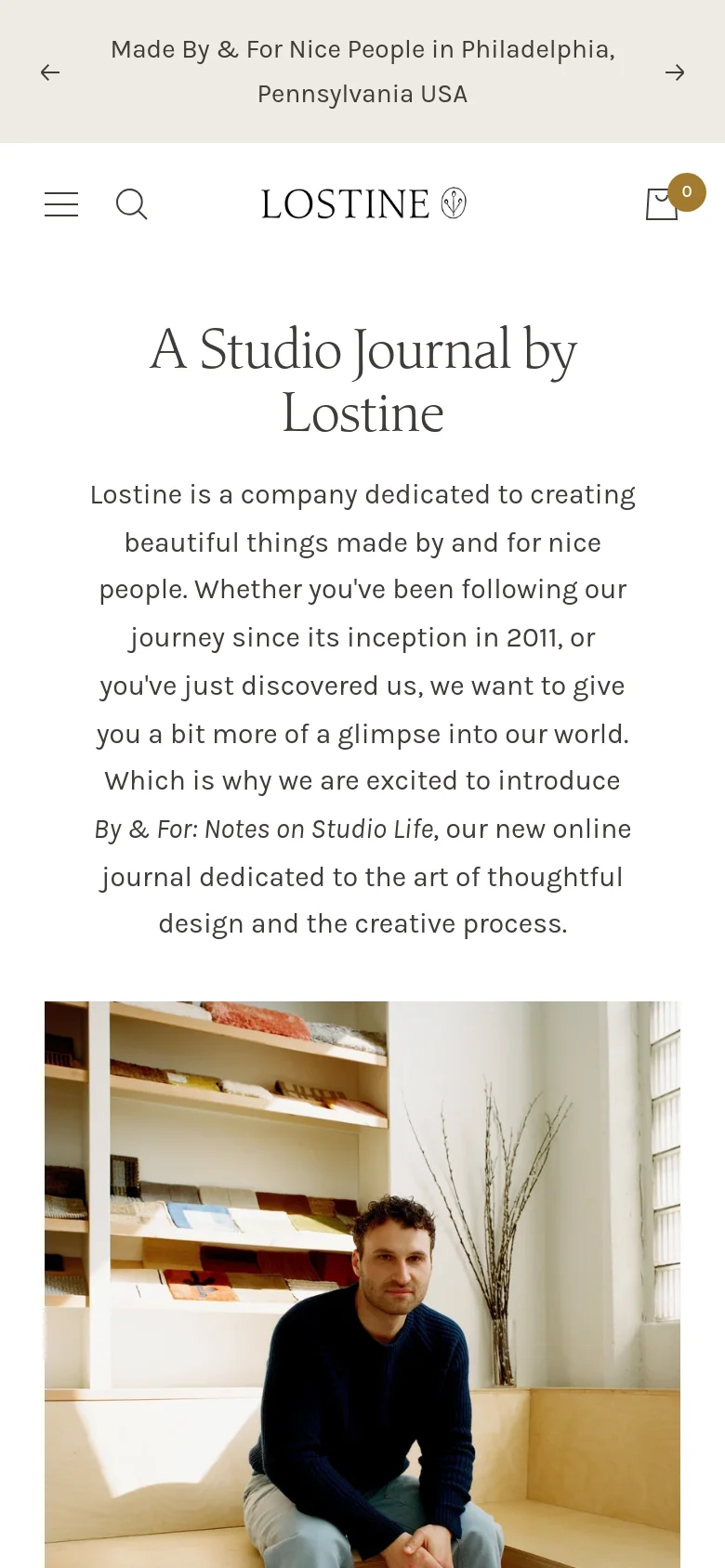 The mobile version features a single-column layout with a condensed header containing a hamburger menu, search icon, and shopping bag. The text and images are stacked vertically, with the large headline and introductory paragraph appearing above a single, full-width editorial image.