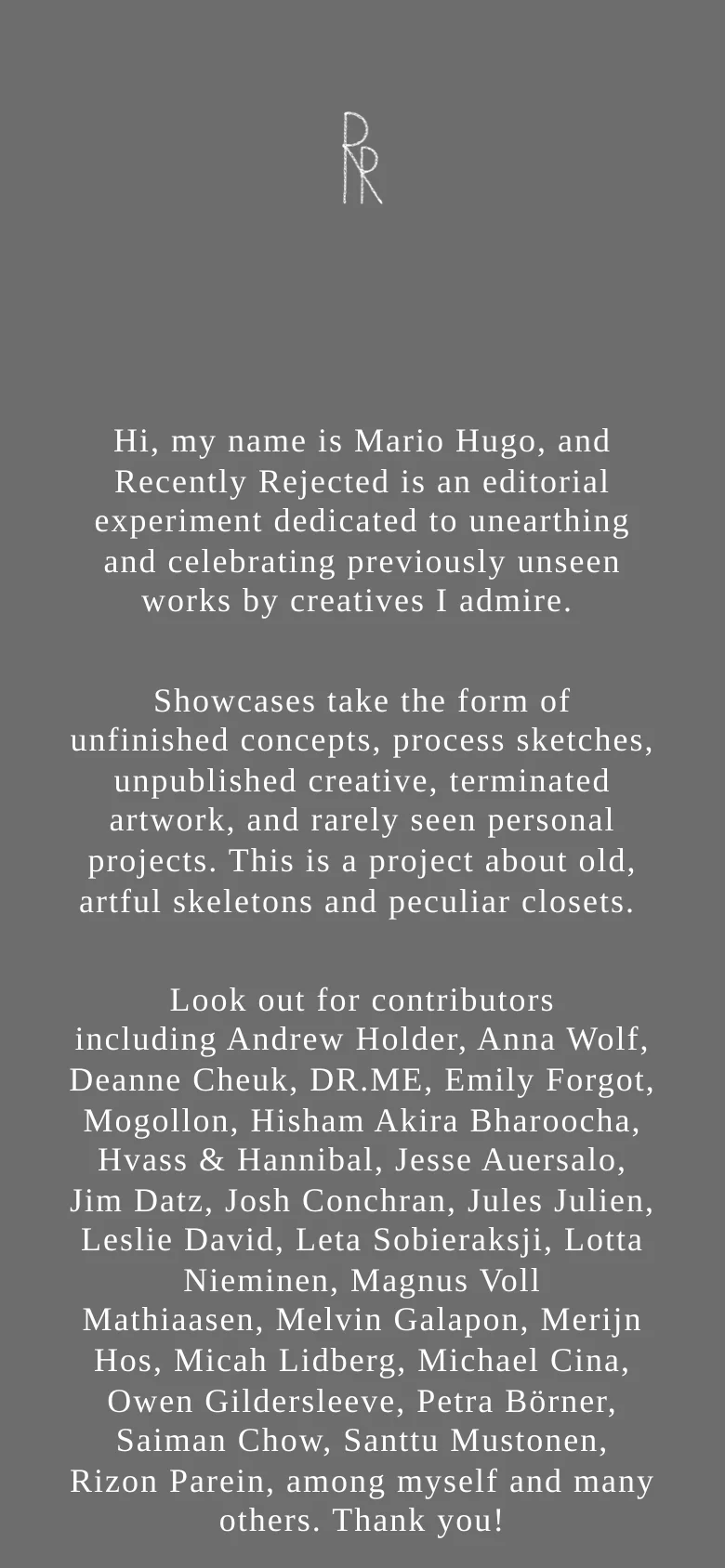 The mobile version maintains the dark gray background and white serif typography but uses a narrower, single-column layout. The text is centered and scales down to fit the smaller screen, focusing on the project introduction and contributor list.