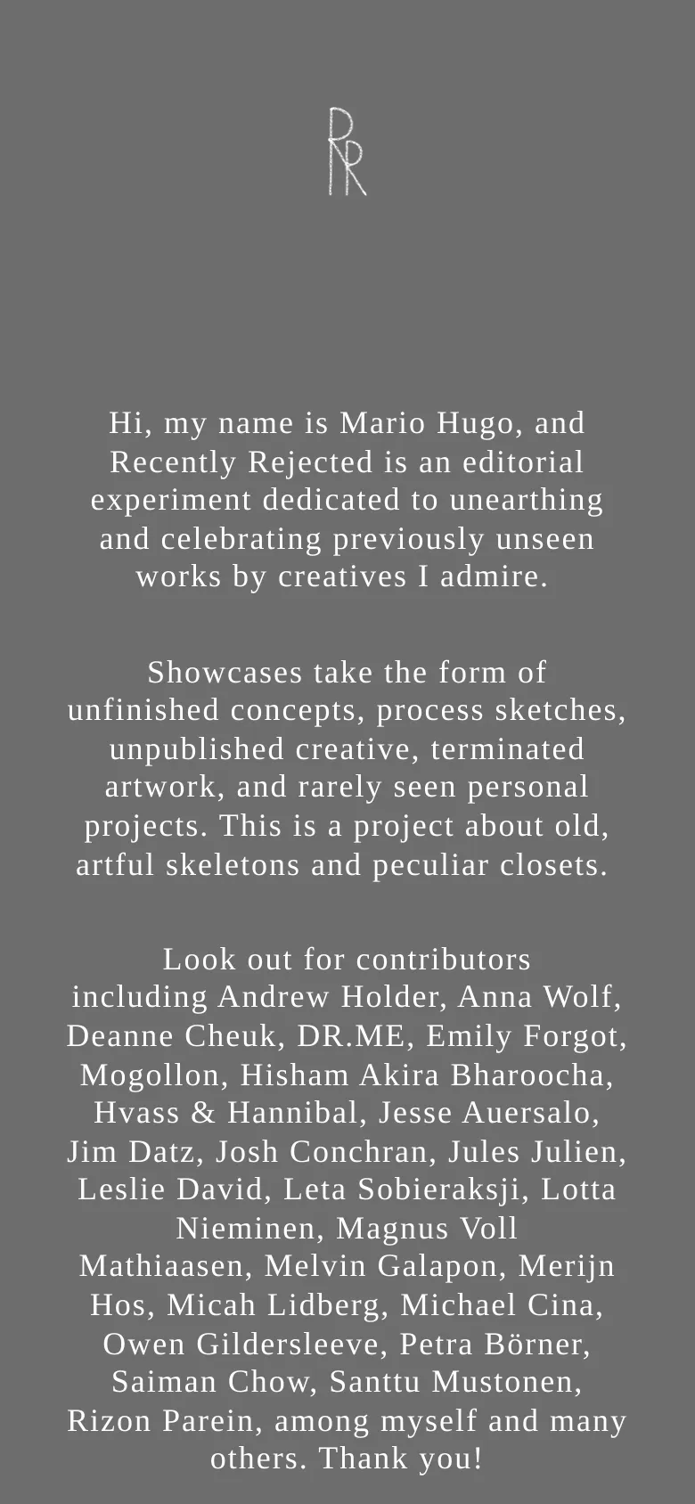 The mobile version maintains the dark gray background and white serif typography but uses a narrower, single-column layout. The text is centered and scales down to fit the smaller screen, focusing on the project introduction and contributor list.