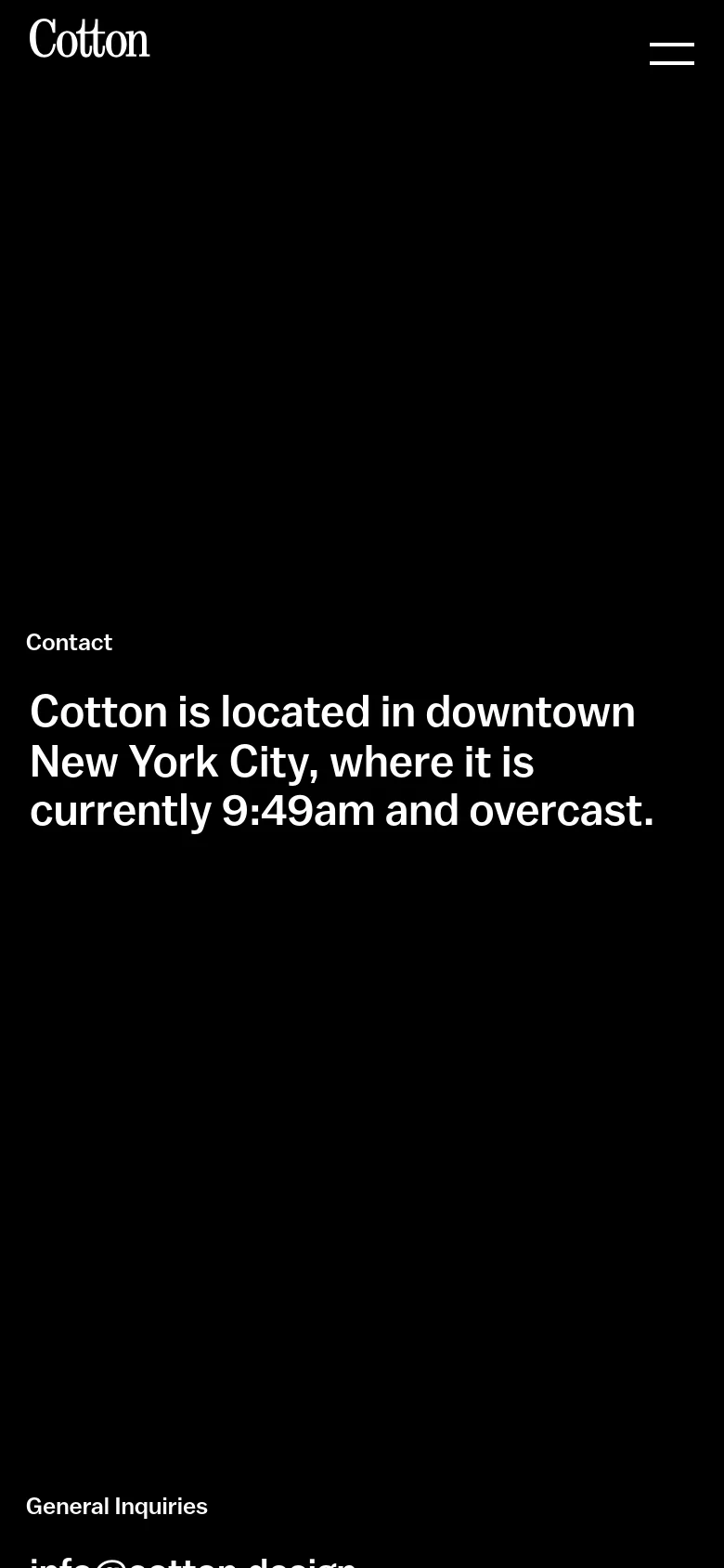 The mobile version maintains the black and white minimalist aesthetic but uses a single-column layout. The headline is centered and prominent, with contact details and social media icons stacked vertically for easier scrolling on a small screen.