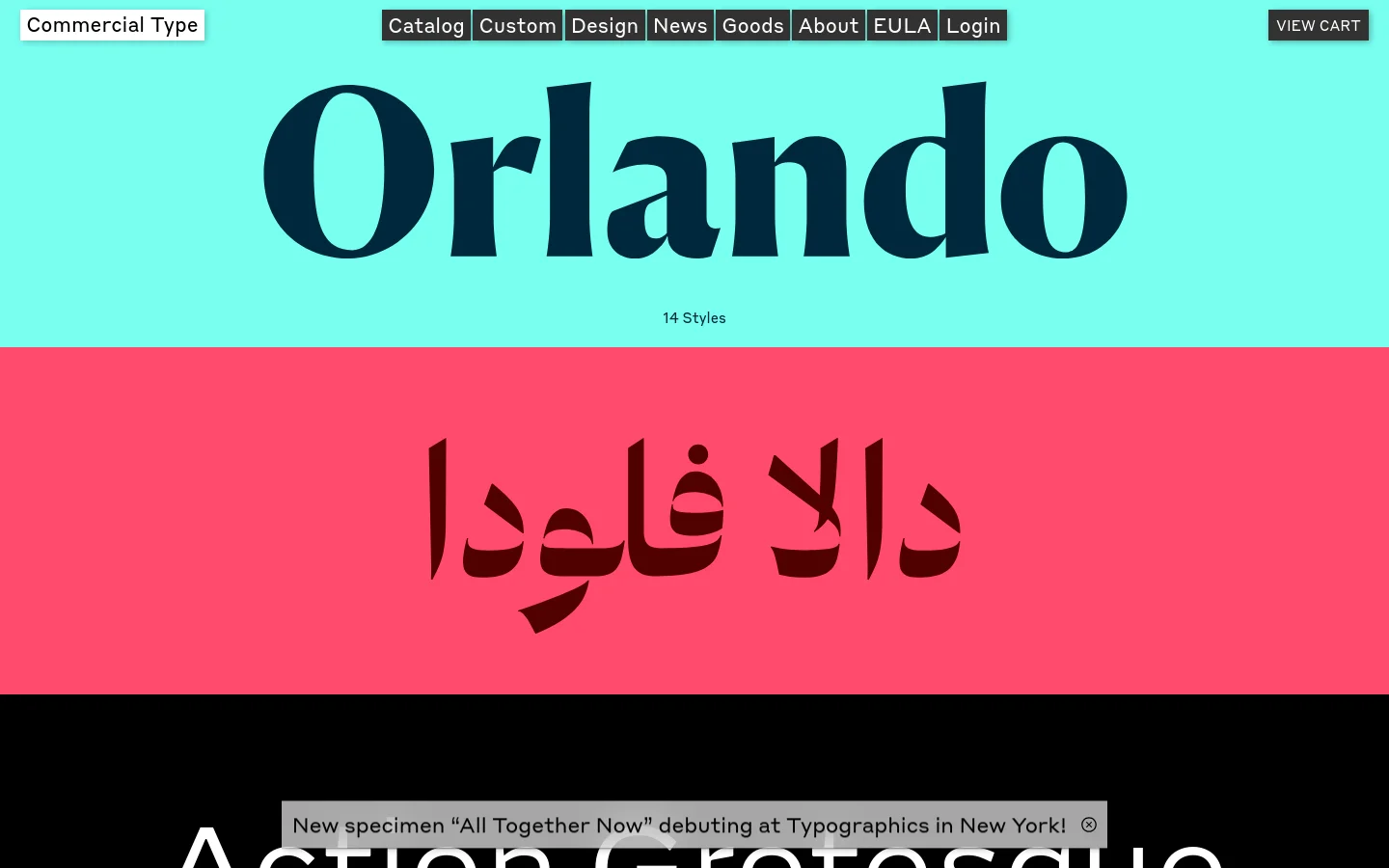The desktop website features a minimalist design with a navigation bar at the top and large, bold typography showcasing different typefaces. The hero section displays the word 'Orlando' in dark blue on a bright turquoise background, followed by Arabic script on a pink background and 'Action Grotesque' on a black background. A thin announcement banner at the bottom provides news about a new specimen.