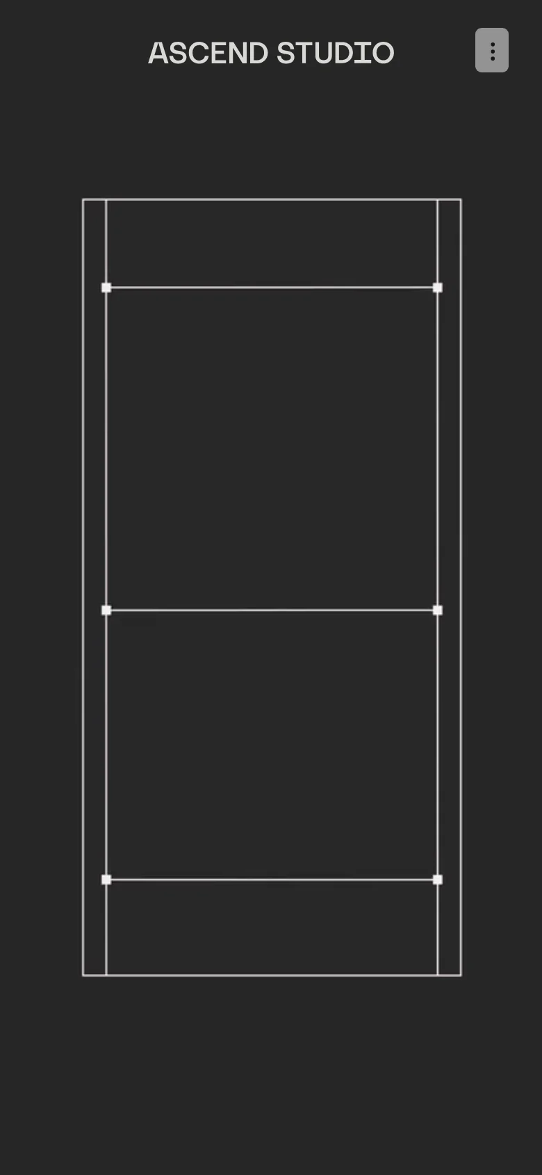 The mobile version transitions to a dark grey background with a simplified, centered layout. The header contains the 'ASCEND STUDIO' logo and a vertical three-dot menu icon, while the main content area shows a minimalist wireframe graphic.