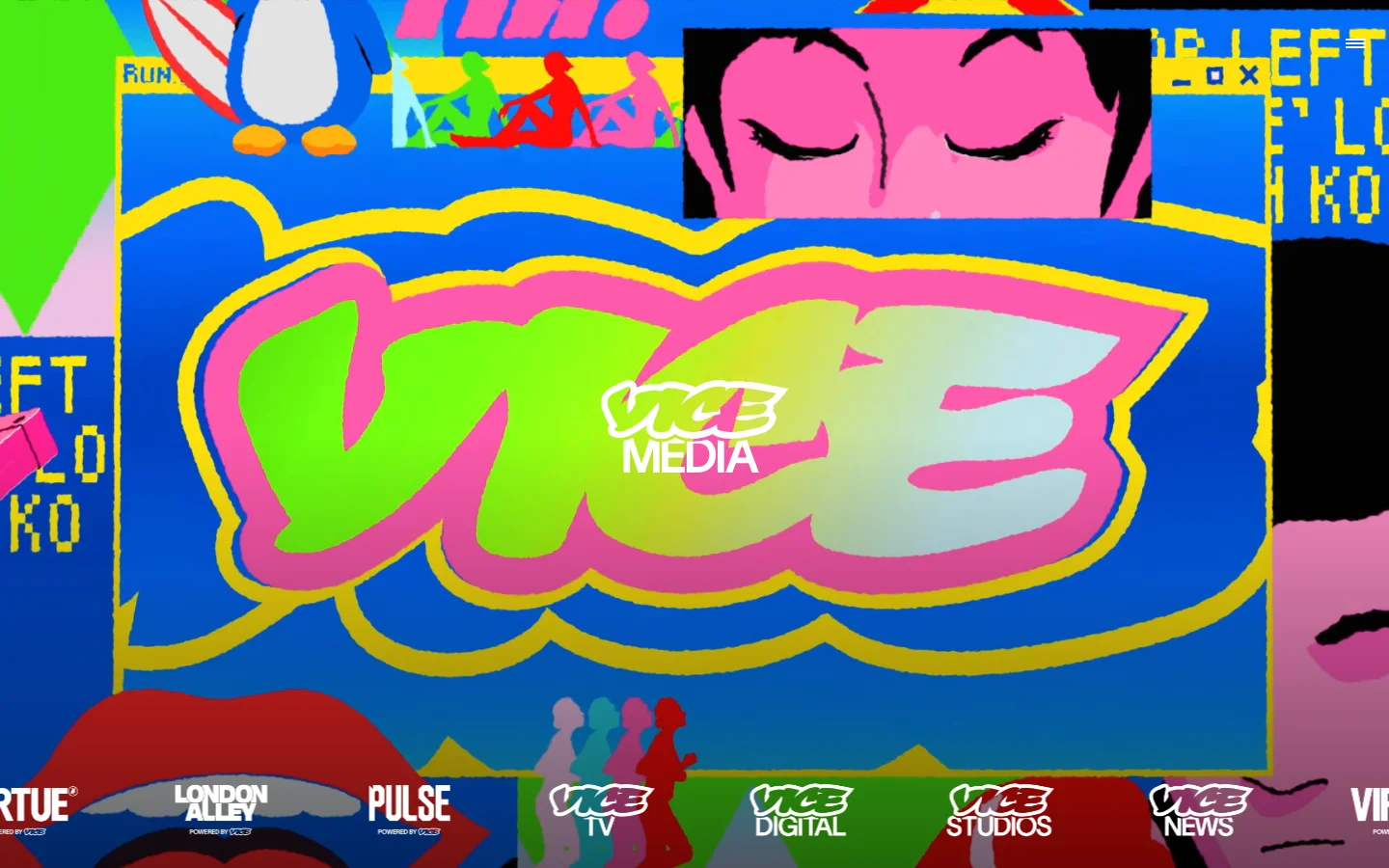 The VICE Media homepage features a vibrant, maximalist collage of colorful pop-art graphics and bold typography. A large, stylized 'VICE' logo sits in the center against a bright blue and yellow background, with various brand sub-divisions like Studios, News, and Digital displayed in a row at the bottom.