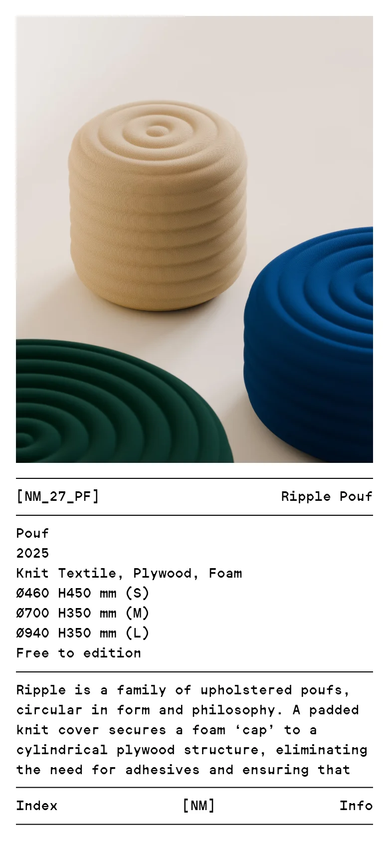 The mobile version presents a vertically stacked layout, starting with a large close-up image of the textured knit poufs. The text content, including the product title, dimensions, and design philosophy, follows below in a single-column format for easy scrolling. The navigation bar remains at the bottom, maintaining the same minimalist aesthetic as the desktop version.