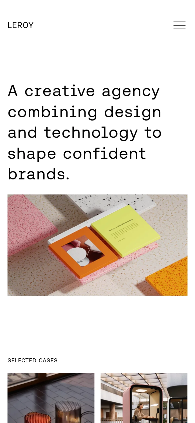 The mobile version maintains the minimalist aesthetic and large headline but uses a condensed layout. The top navigation is replaced by a hamburger menu icon on the right, and the hero image is cropped to a smaller, more square aspect ratio to fit the vertical screen.