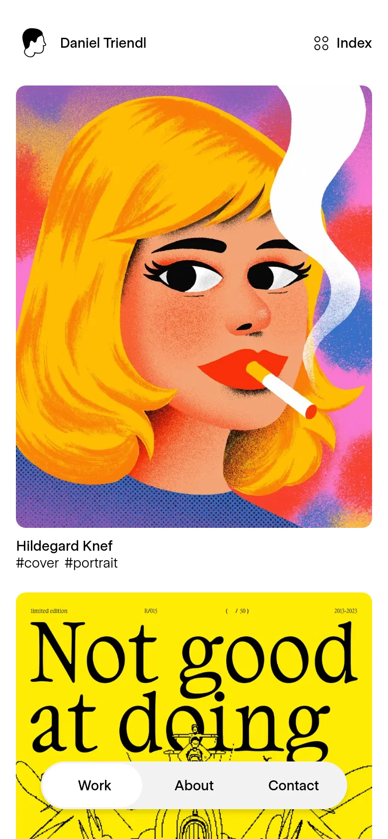 The mobile version presents a simplified vertical stack of the same colorful illustrations and project details. The grid layout from the desktop version transitions into a single-column scroll, making the large-scale artwork the primary focus on a smaller screen.