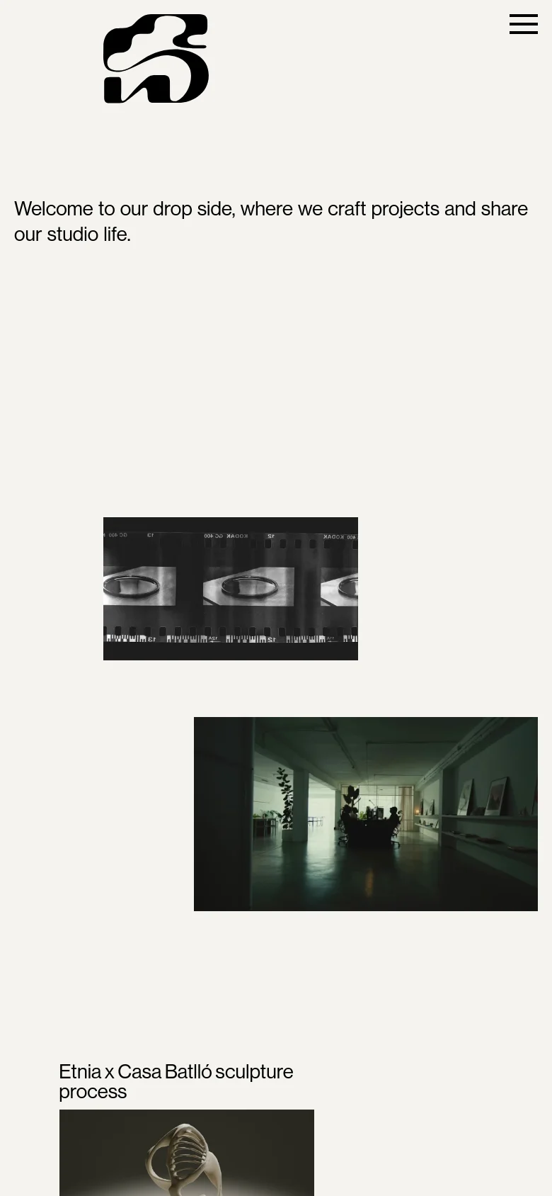 The mobile version maintains the minimalist cream aesthetic but uses a vertical layout with a centered logo and a hamburger menu icon at the top right. The content is stacked vertically, displaying the headline followed by large, full-width project images that scroll down the screen.