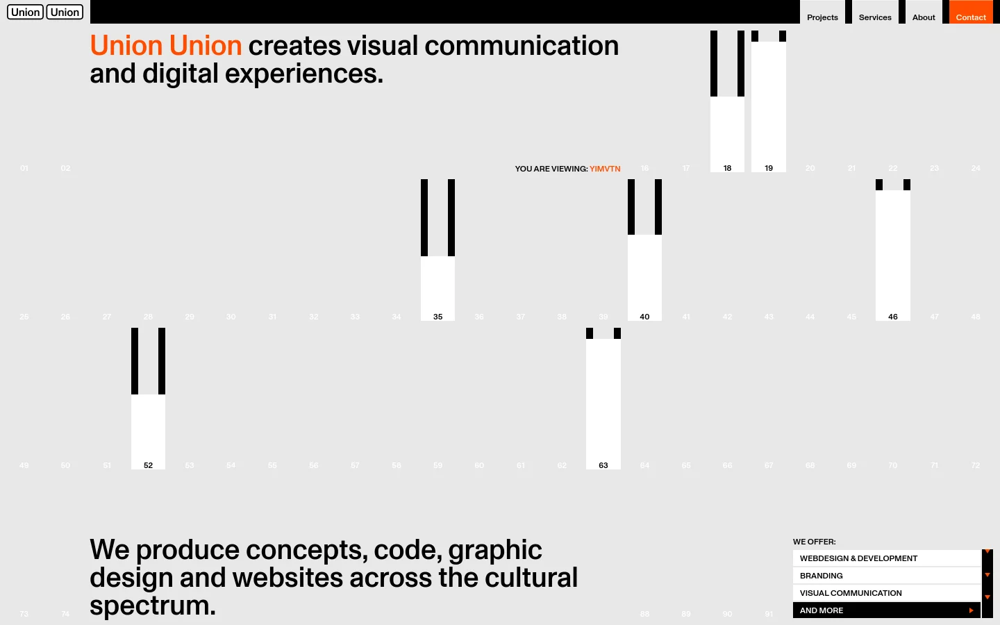 The Union Union homepage features a minimalist, high-contrast design with a light gray background and bold black typography. The layout includes a large hero headline, a navigation menu at the top, and a grid-like structure with numbered elements and vertical black bars. A section titled 'We Offer' lists services like Webdesign & Development and Branding in a clean, structured list at the bottom.