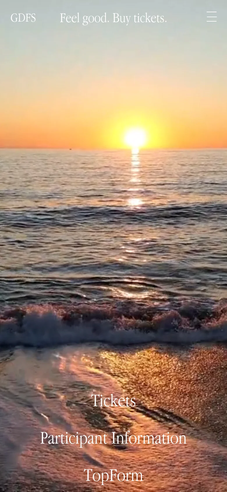 The mobile version displays a full-screen hero image of a sunset over ocean waves. The layout is simplified with a hamburger menu icon at the top right and centered white text links for 'Tickets', 'Participant Information', and 'TopForm' positioned over the water.