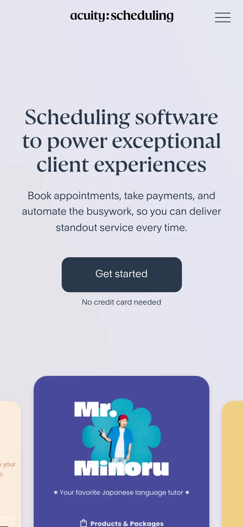 The mobile version simplifies the layout, replacing the top navigation bar with a hamburger menu icon and the Acuity Scheduling logo. The hero section remains centered, featuring the same large headline, subheadline, and 'Get started' button on a light gray background. The large purple illustrative card is scaled down to fit the narrower screen width.
