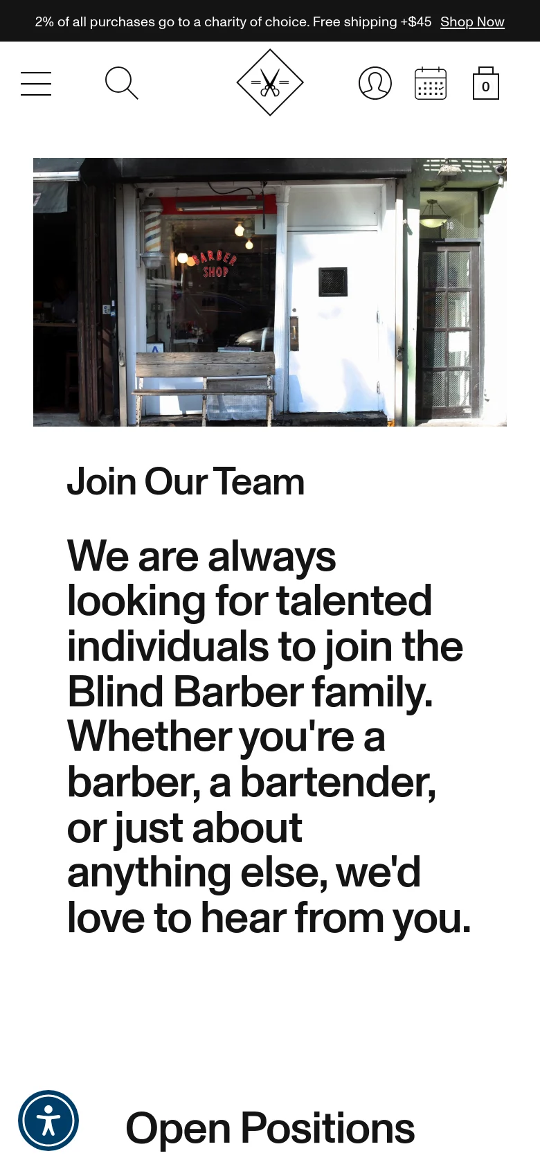 The mobile version presents a vertically stacked layout where the storefront hero image appears above the 'Join Our Team' headline and text. The navigation is condensed into a hamburger menu and search icon, with the brand logo centered at the top. The 'Open Positions' section follows below the introductory text in a single-column format.