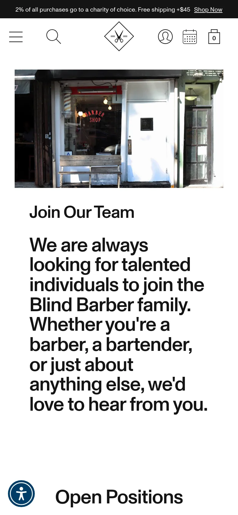 The mobile version presents a vertically stacked layout where the storefront hero image appears above the 'Join Our Team' headline and text. The navigation is condensed into a hamburger menu and search icon, with the brand logo centered at the top. The 'Open Positions' section follows below the introductory text in a single-column format.
