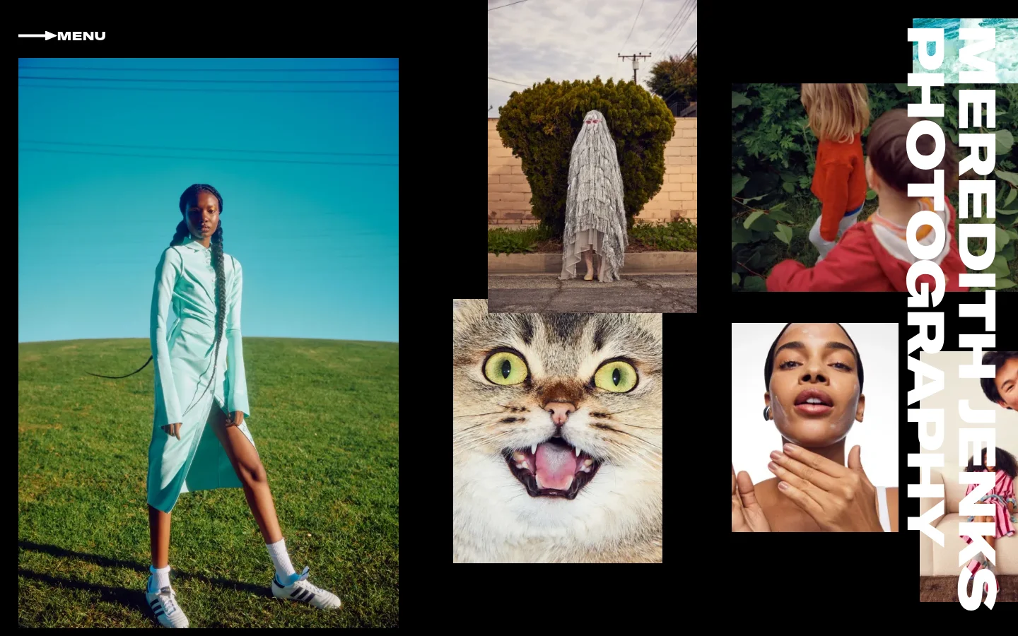 The desktop homepage features a black background with a collage-style layout of various photography works. A large vertical text element on the right reads 'MEREDITH JENKS PHOTOGRAPHY' in white, while a menu button with an arrow is located at the top left. The images include a woman in a light blue dress in a field, a close-up of a cat with wide eyes, and a person in a ghost costume.