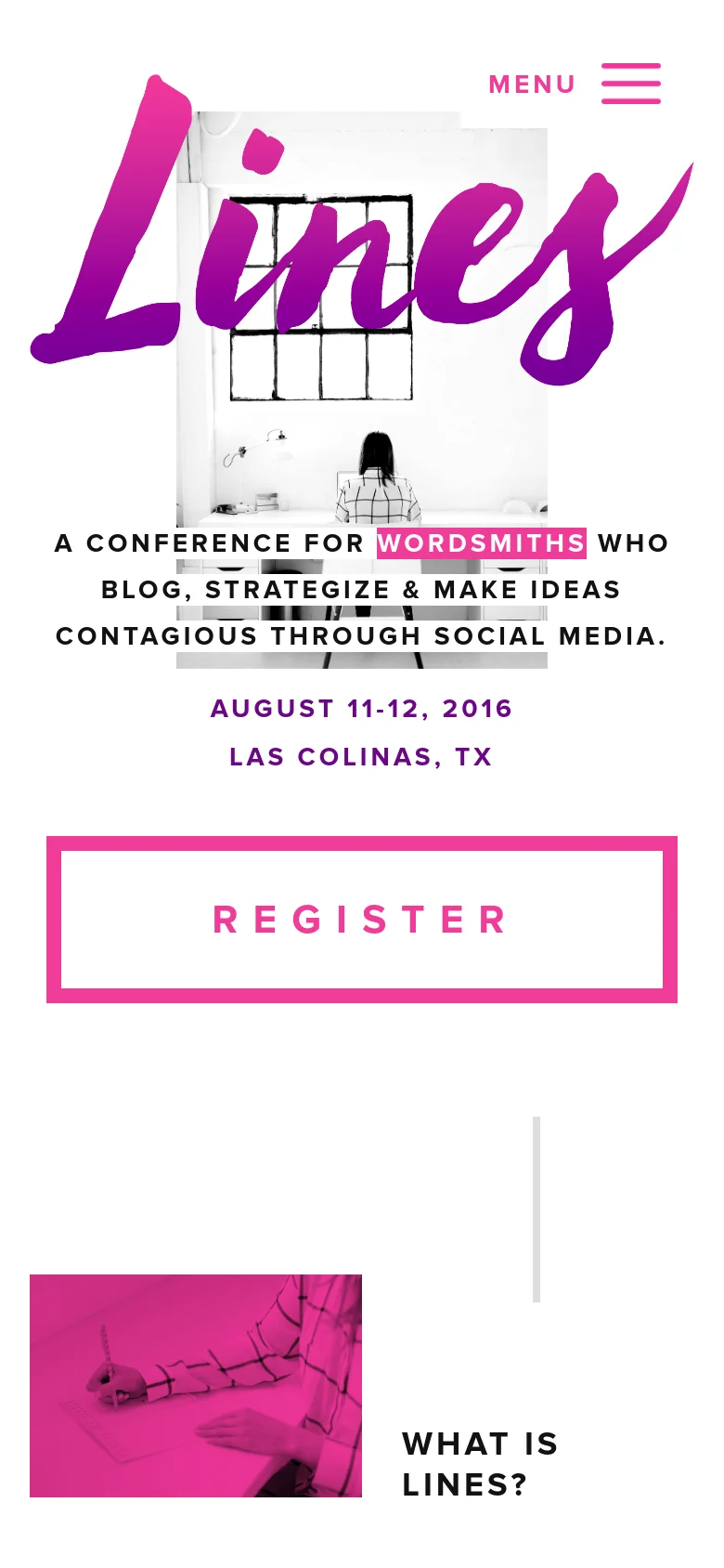 The mobile version presents a vertically stacked layout starting with the large gradient 'Lines' logo and hero image. The text 'A conference for wordsmiths...' and event details are centered, followed by a prominent pink-outlined 'Register' button and a single-column view of the content sections.