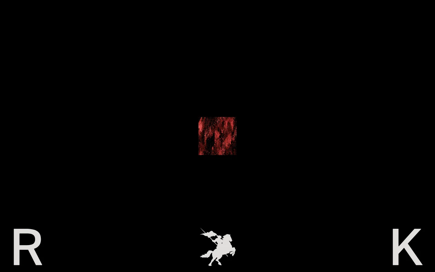 A minimalist dark-themed portfolio homepage featuring large white typography on a black background with a grainy, red-tinted textured hero image. The layout includes a navigation menu at the top, a bold headline reading 'Ravi Klaassens. Design & Code for those who refuse to settle,' and a 'Get in touch' call to action. A stylized white silhouette of a knight on a horse is positioned centrally near the bottom.