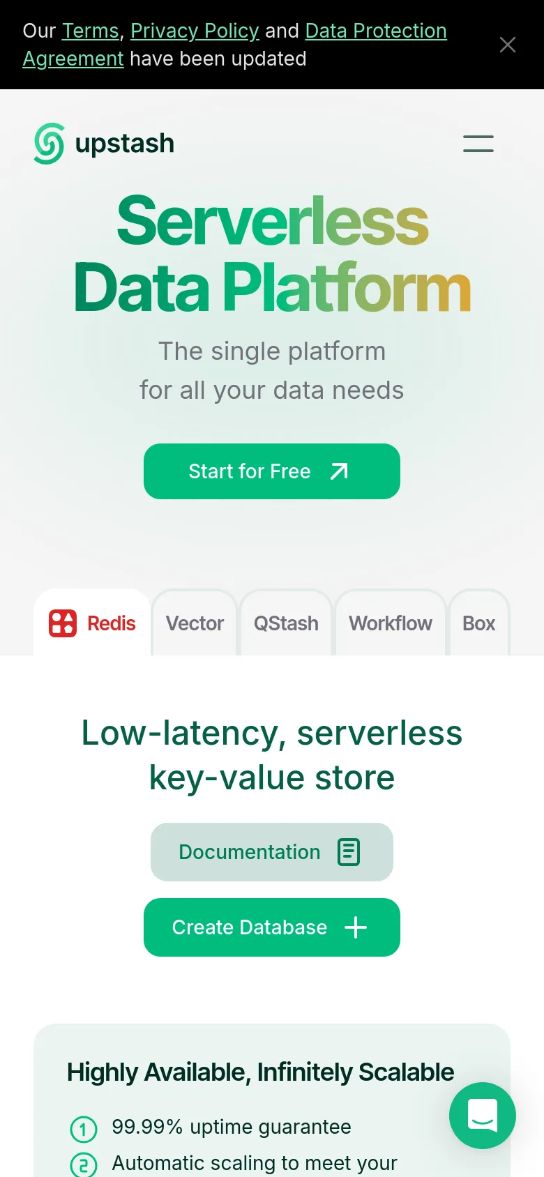 The mobile version maintains the same color scheme and branding but uses a vertical stack for the hero section. The large headline and 'Start for Free' button are centered, and the service icons (Redis, Vector, etc.) are arranged in a scrollable or wrapped horizontal row to fit the narrower screen width.