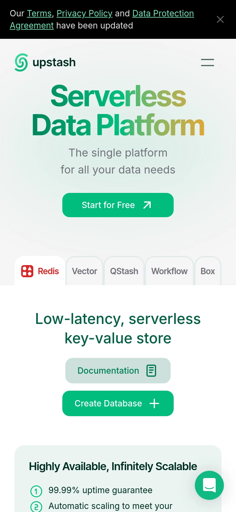 The mobile version maintains the same color scheme and branding but uses a vertical stack for the hero section. The large headline and 'Start for Free' button are centered, and the service icons (Redis, Vector, etc.) are arranged in a scrollable or wrapped horizontal row to fit the narrower screen width.