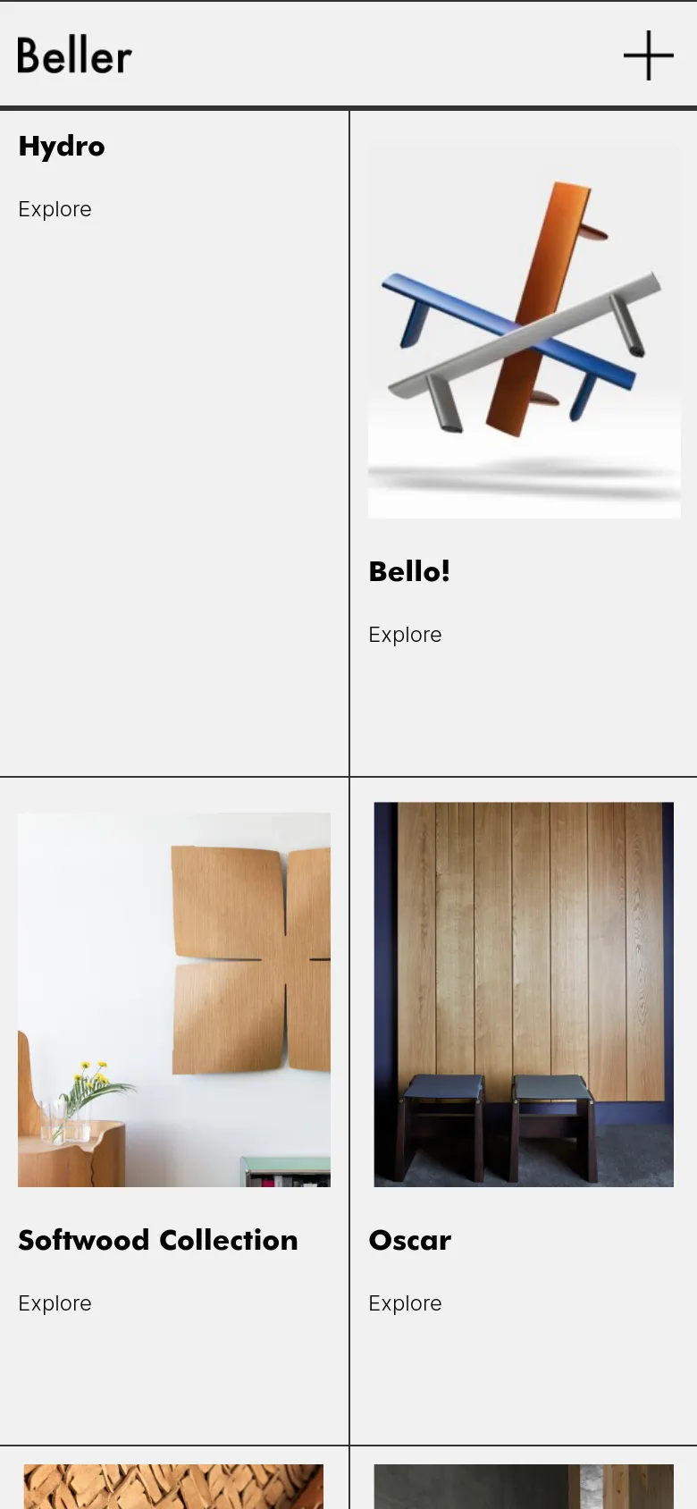 The mobile version maintains the minimalist aesthetic but stacks the project tiles into a single vertical column for easier scrolling. The navigation bar is simplified, featuring the brand name 'Beller' on the left and a large plus icon on the right, while project titles and 'Explore' links appear directly below their respective images.