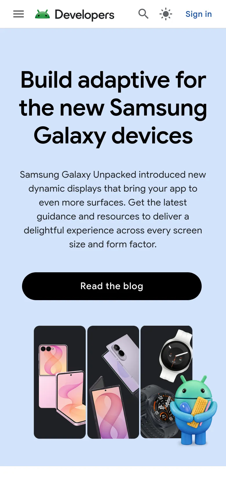 The mobile version presents a vertically stacked layout on a light blue background. The headline and descriptive text about Samsung Galaxy devices appear at the top, followed by a full-width black 'Read the blog' button. Below this, the device graphics and the 3D Android mascot are arranged in a single column, with the navigation menu condensed into a hamburger icon at the top left.