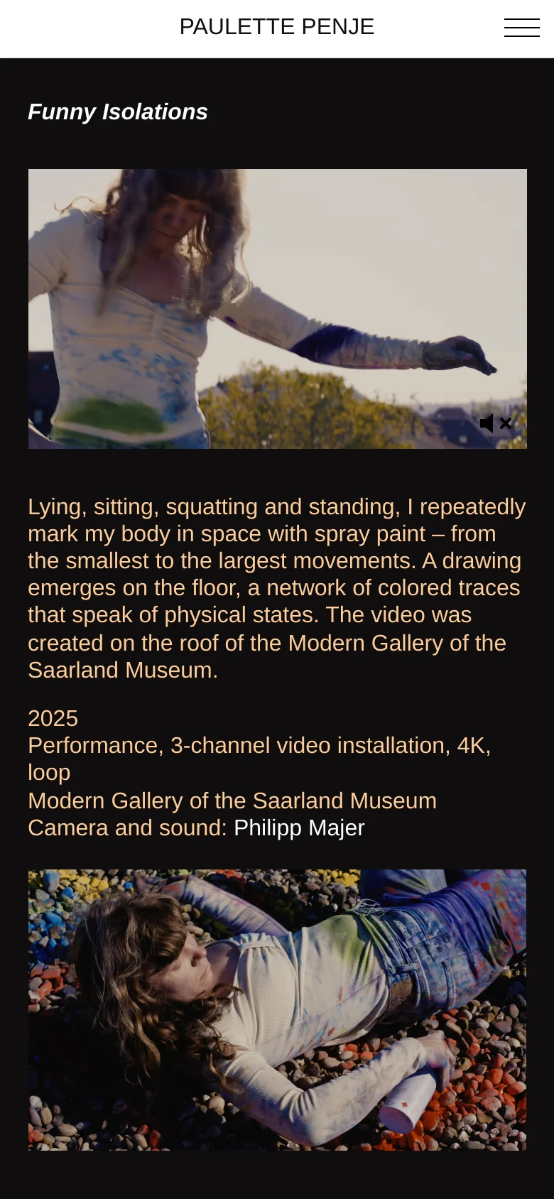 The mobile version uses a simplified layout with a hamburger menu icon in the top right and the name PAULETTE PENJE centered. The content is stacked vertically, featuring large headings, descriptive text for art installations, and full-width images of performance stills.