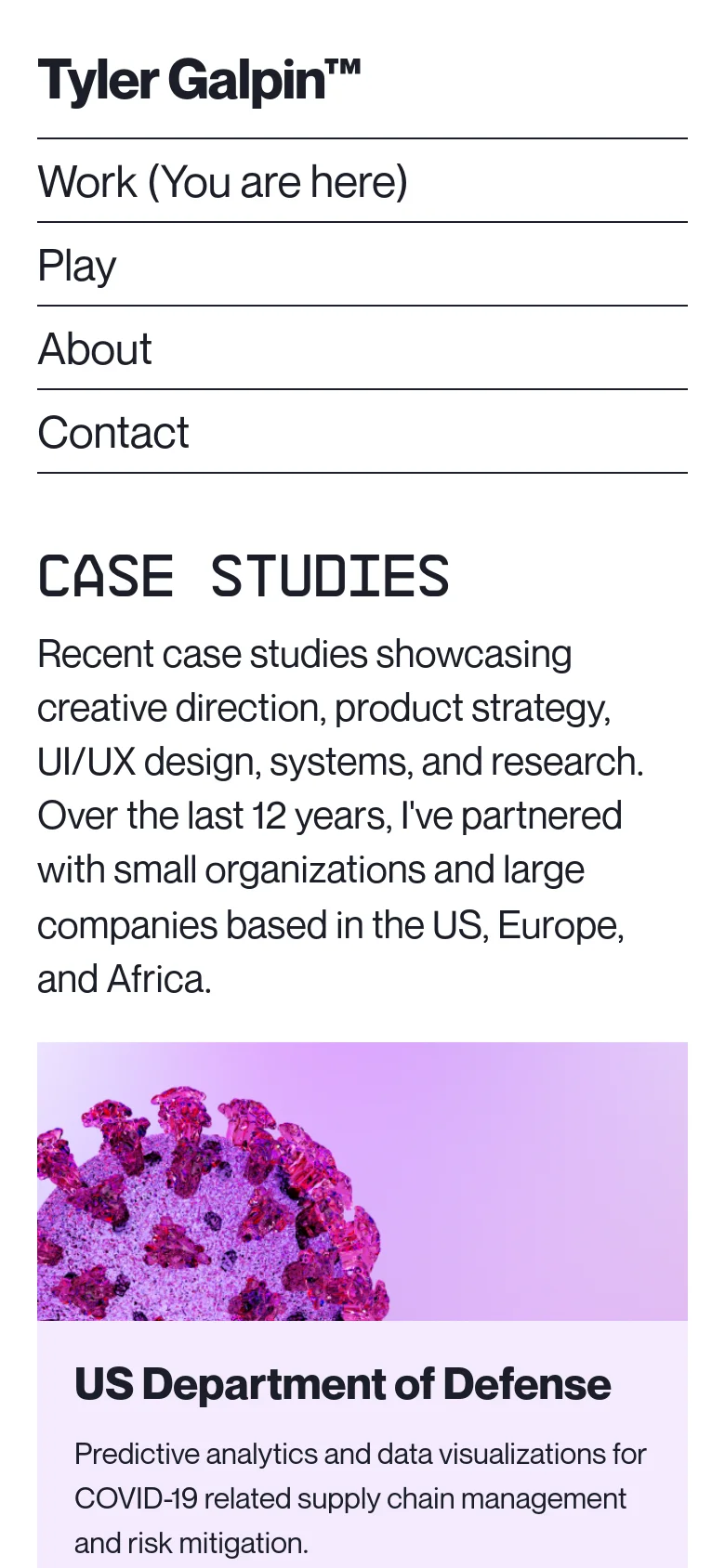 The mobile version uses a single-column vertical layout where the navigation menu is stacked at the top of the screen. The 'CASE STUDIES' heading and introductory text are centered above a full-width project image for the US Department of Defense, creating a streamlined scrolling experience.