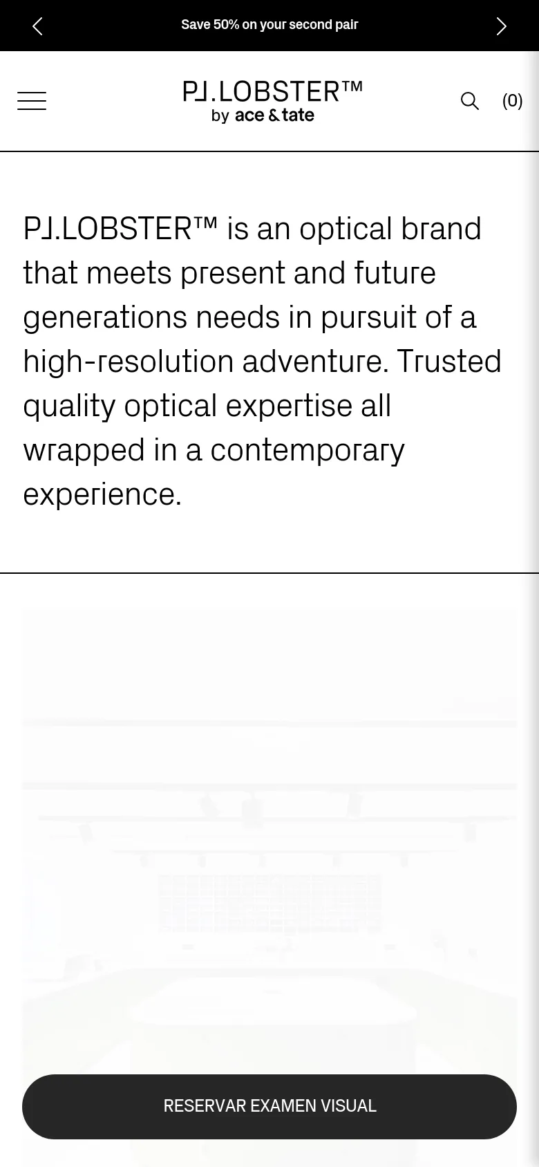 The mobile version uses a simplified vertical layout with a hamburger menu icon and a search icon in the header. The large brand mission text is stacked vertically, and the primary 'RESERVAR EXAMEN VISUAL' call to action appears as a prominent dark button overlaid on a large image at the bottom of the view.