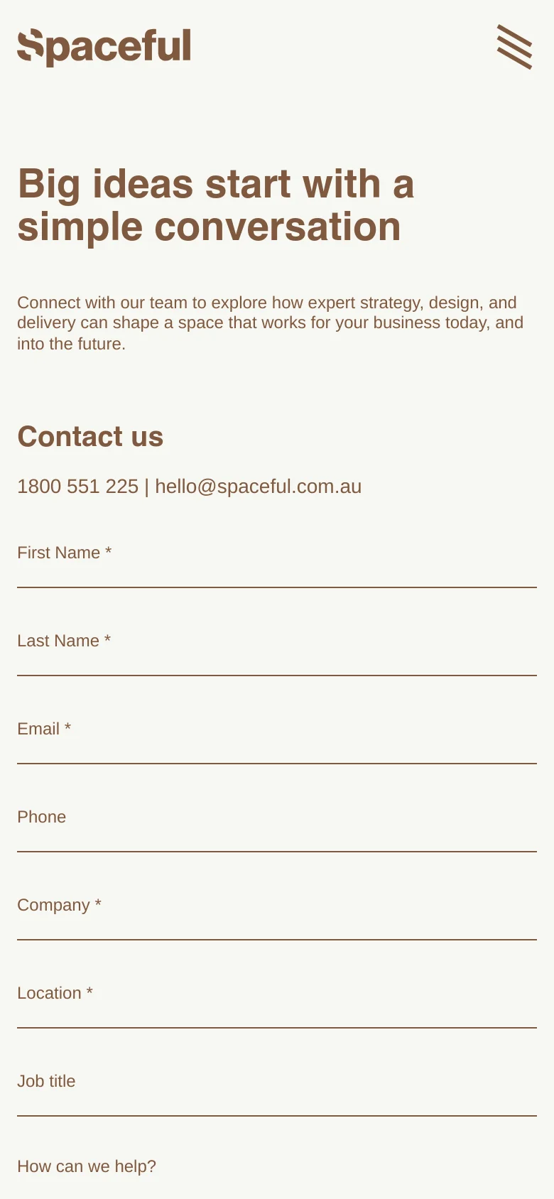 The mobile version presents a single-column layout optimized for vertical scrolling. The headline and introductory text appear at the top, followed by the contact form fields stacked vertically. The navigation is condensed into a hamburger menu icon in the top right corner.