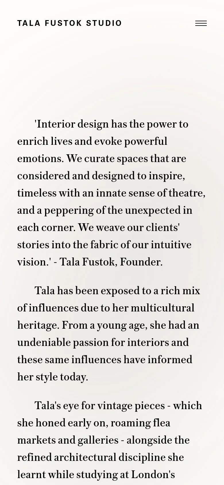 The mobile version simplifies the layout into a single vertical column on a white background. The text content is stacked vertically, followed by the portrait of Tala Fustok, and the navigation is replaced by a hamburger menu icon at the top right.
