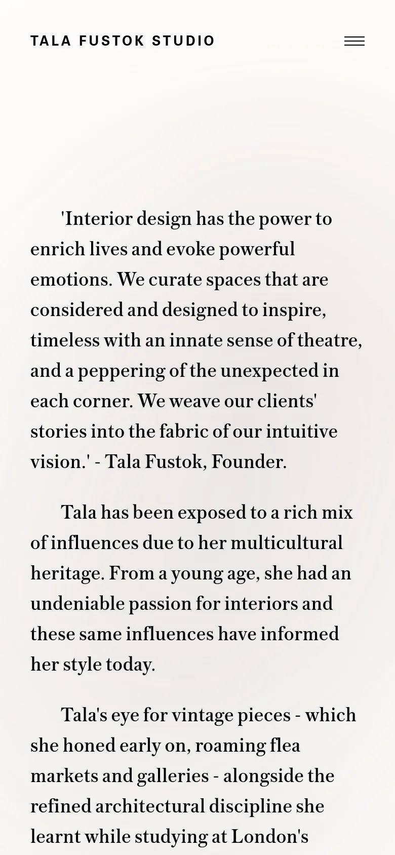 The mobile version simplifies the layout into a single vertical column on a white background. The text content is stacked vertically, followed by the portrait of Tala Fustok, and the navigation is replaced by a hamburger menu icon at the top right.