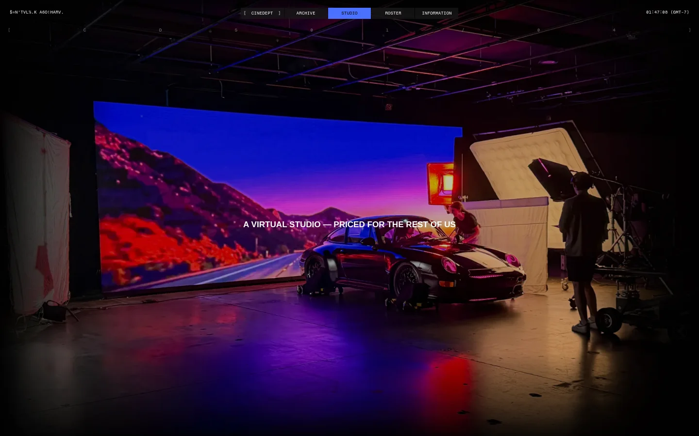 The desktop version features a dark, cinematic hero image of a car in a virtual production studio with a large LED screen displaying a landscape. A navigation bar sits at the top, and the headline 'A VIRTUAL STUDIO — PRICED FOR THE REST OF US' is centered over the image. The layout uses high-contrast lighting with deep blues and vibrant reds.