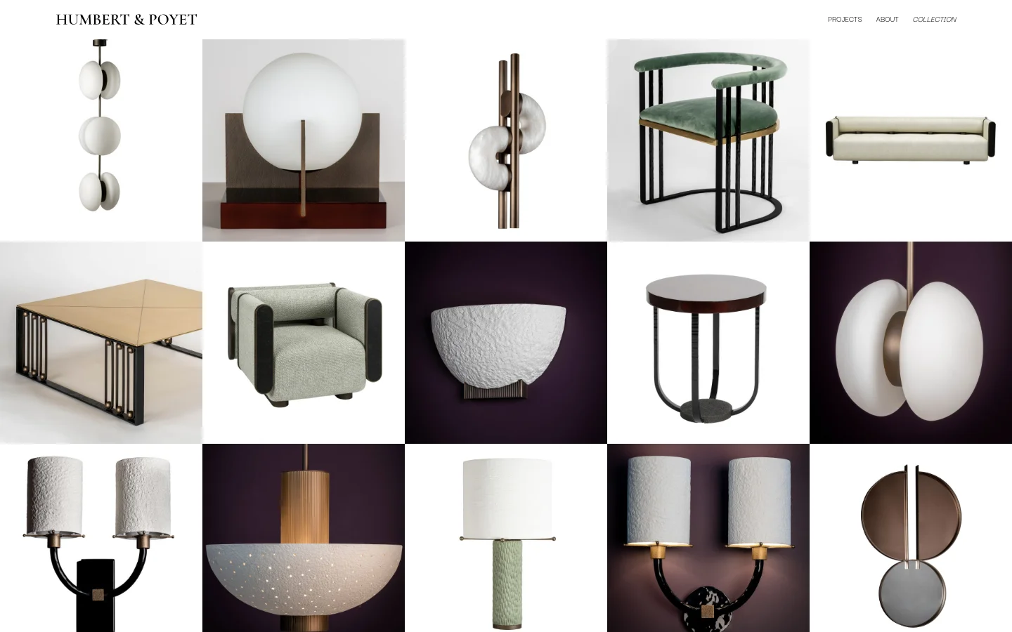 The desktop collection page features a minimalist white background with a grid of high-quality product photography showcasing various designer furniture and lighting pieces. A navigation menu at the top includes links for Projects, About, and Collection, while the brand name 'HUMBERT & POYET' is displayed in a serif font. The layout is clean and spacious, emphasizing the individual sculptural forms of items like the YOYO III light and MAGA lamp.