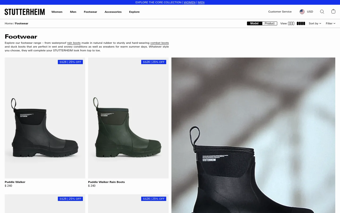 The desktop footwear collection page features a minimalist white layout with a top navigation bar and a large 'Footwear' heading. A grid of product images displays various waterproof boots, such as the Puddle Walker, with pricing and promotional 'SS26 | 25% OFF' tags. A sidebar or dropdown menu provides options to sort by price or product and filter by size, color, and collection.
