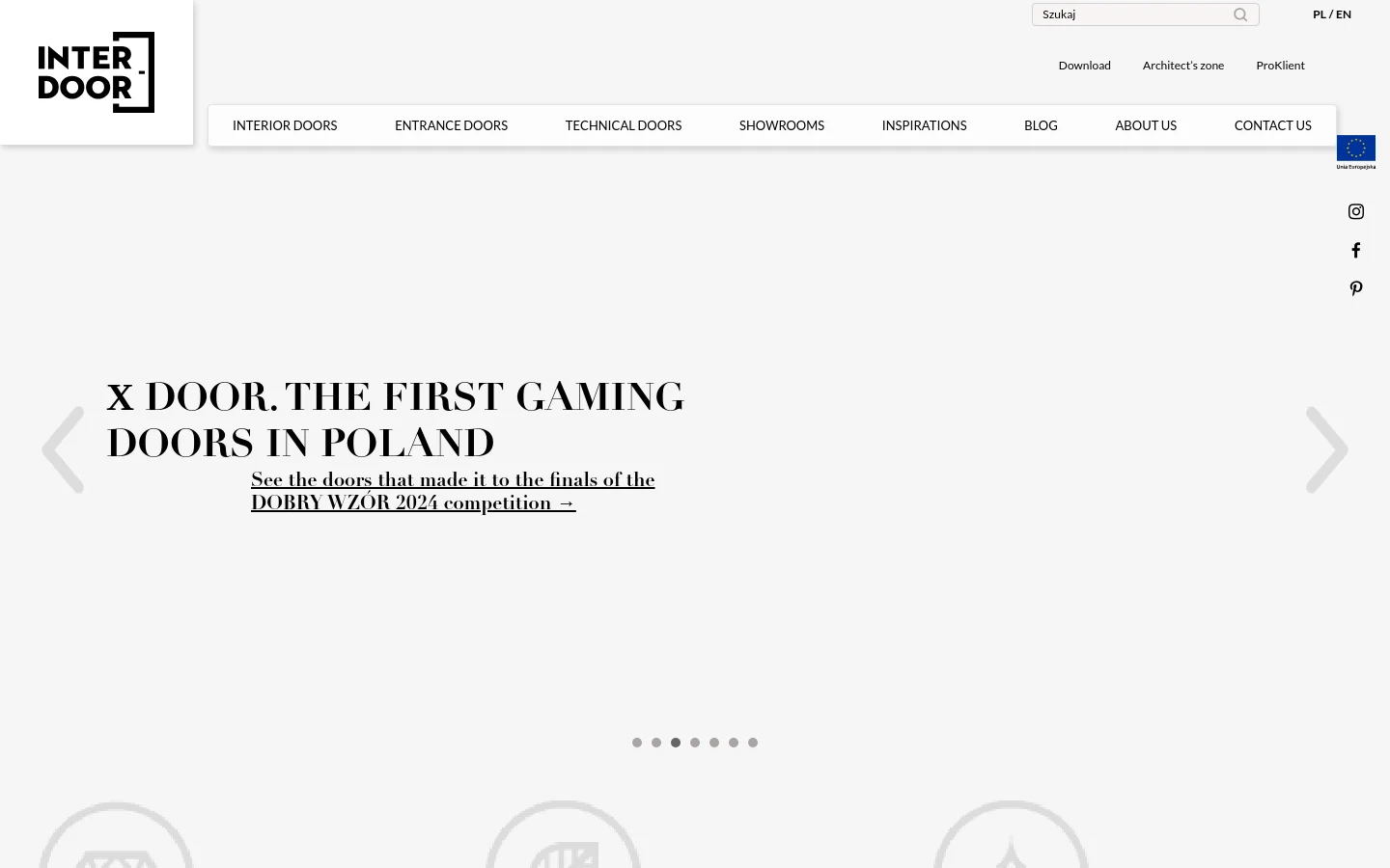 The desktop homepage features a minimalist white layout with a top navigation bar containing links for interior, entrance, and technical doors, showrooms, inspirations, blog, about us, and contact. A large hero slider displays bold black serif text reading 'X DOOR. THE FIRST GAMING DOORS IN POLAND' with a call to action link, set against a clean white background. A vertical social media sidebar is visible on the far right.