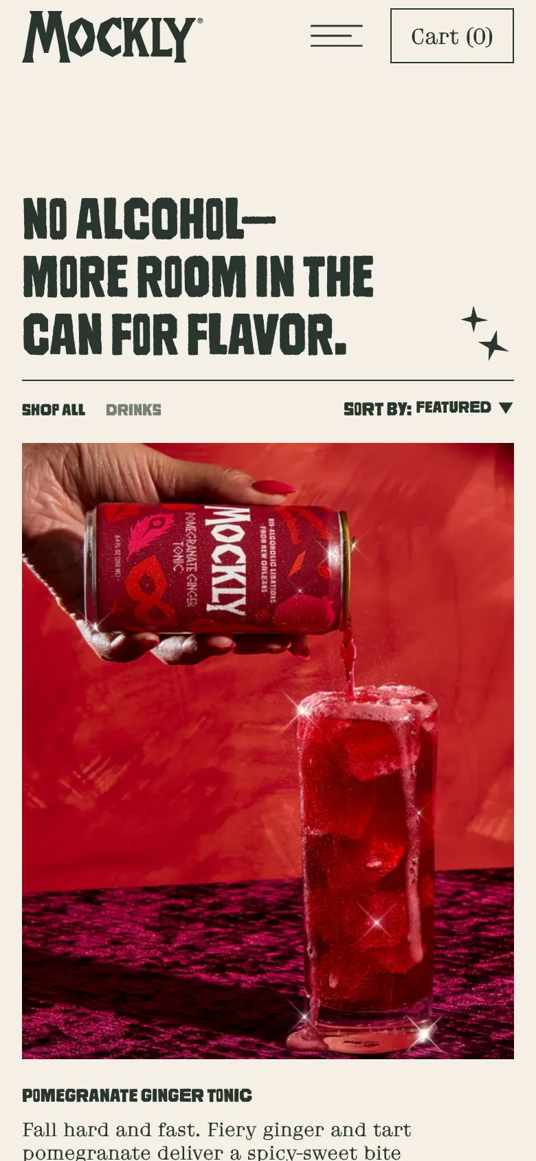 The mobile version presents a vertically stacked layout with the bold headline at the top, followed by navigation links and a sort menu. The product display transitions from a multi-column grid to a single-column view, showcasing large, full-width images of the drinks, such as the Pomegranate Ginger Tonic, with their respective titles and descriptions underneath.