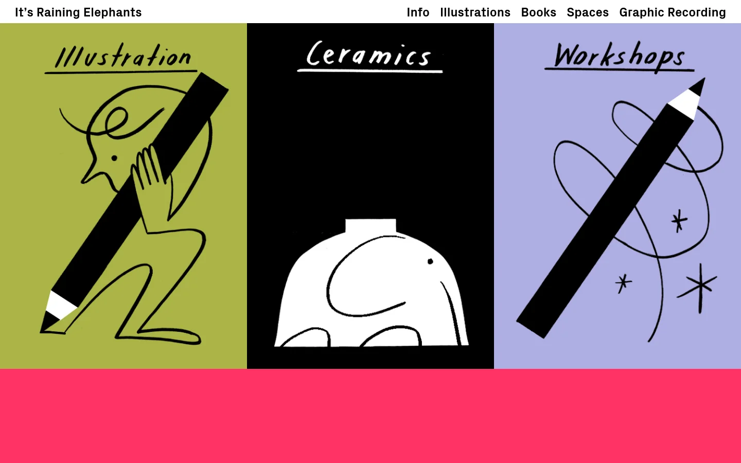The desktop homepage features a clean layout with a top navigation menu and three large, vertical rectangular tiles arranged side-by-side. Each tile contains a stylized line drawing and a handwritten-style heading for 'Illustration' on a green background, 'Ceramics' on a black background, and 'Workshops' on a light purple background. A vibrant pink horizontal bar sits at the bottom of the screen.