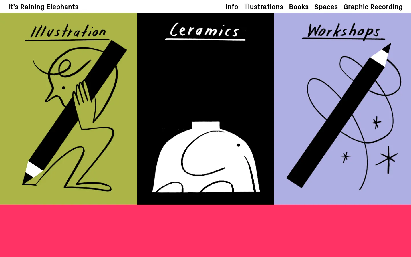 The desktop homepage features a clean layout with a top navigation menu and three large, vertical rectangular tiles arranged side-by-side. Each tile contains a stylized line drawing and a handwritten-style heading for 'Illustration' on a green background, 'Ceramics' on a black background, and 'Workshops' on a light purple background. A vibrant pink horizontal bar sits at the bottom of the screen.