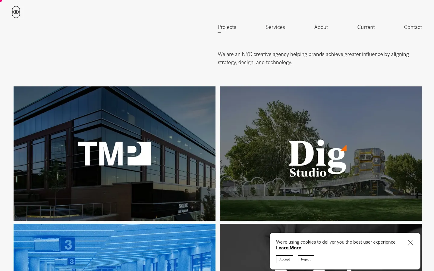 The homepage features a minimalist white background with a navigation menu containing Projects, Services, About, Current, and Contact. A large hero section displays a bold headline about the NYC creative agency, followed by a grid of large, high-quality project images showcasing branding and architectural photography.