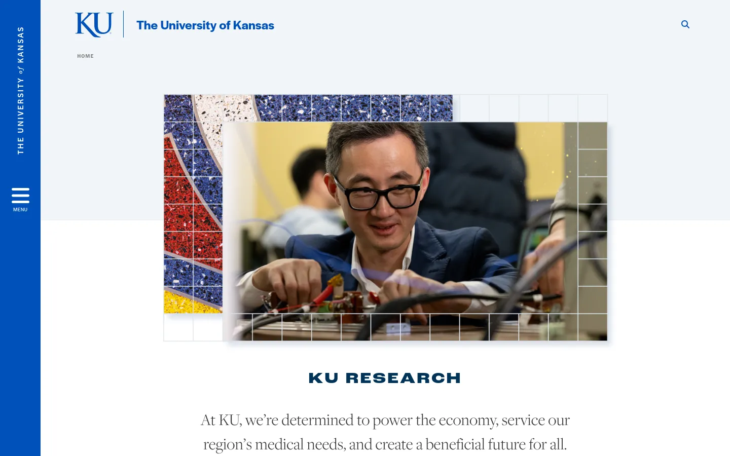 The desktop page features a large hero image of a researcher working with wires, overlaid on a colorful mosaic grid. Below the image, the headline 'KU RESEARCH' is centered above introductory text, followed by sections detailing research statistics and impact stories with secondary imagery.