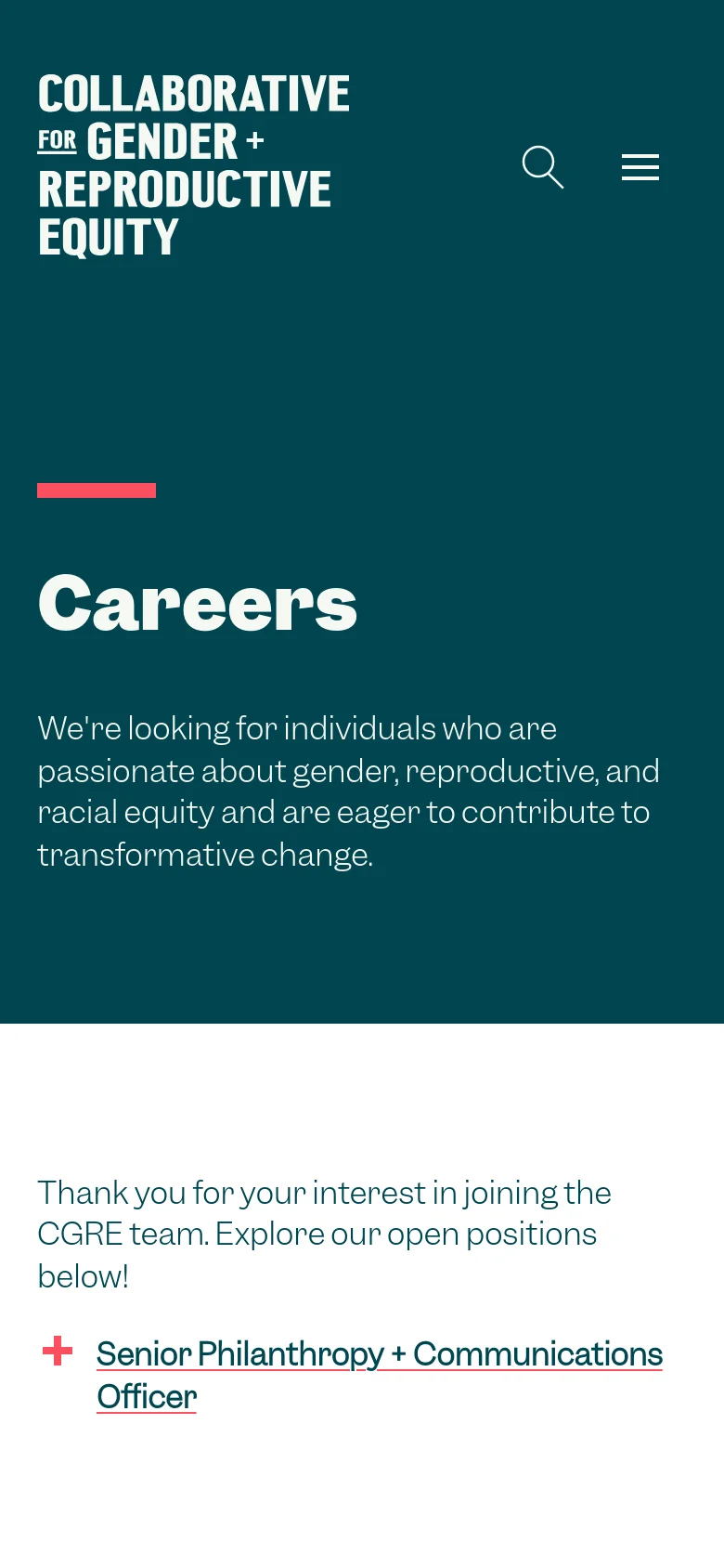 The mobile version uses a dark teal background with the organization logo at the top left and a hamburger menu and search icon at the top right. The 'Careers' heading and introductory text are stacked vertically in the center. The open position list follows on a white background at the bottom of the screen.